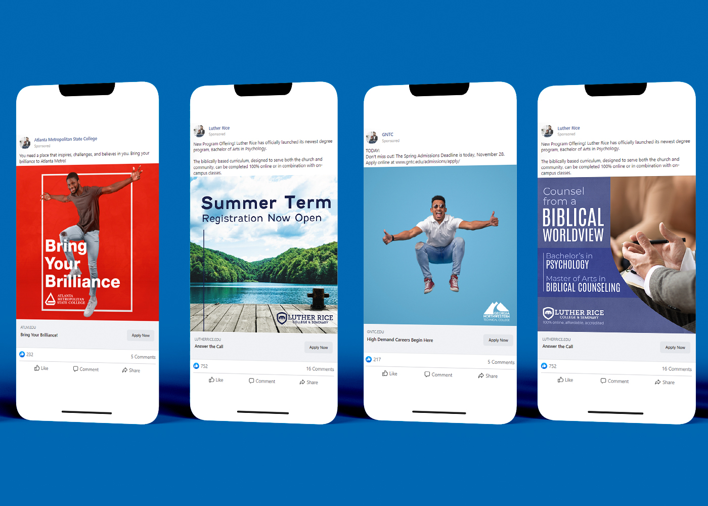 Four iPhones displaying Creative Ads for several colleges